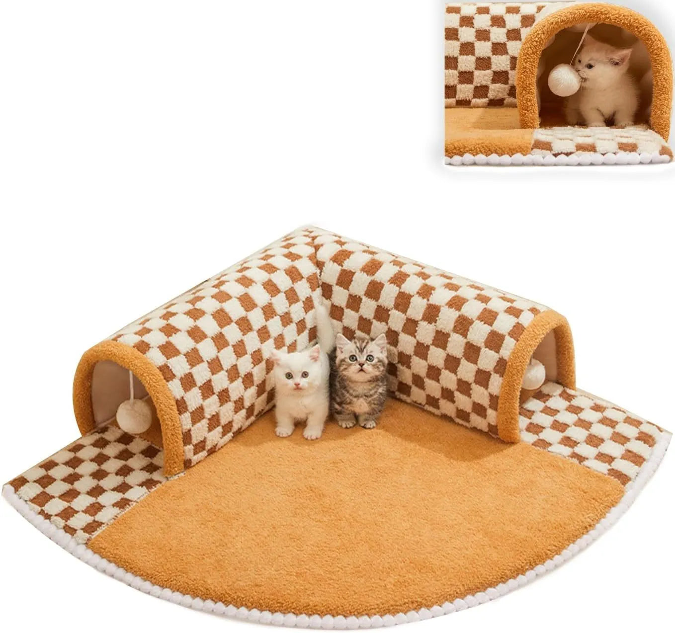 Plush plaid cat tunnel bed with central mat in brown colour, showing collapsible tunnel and non-slip bottom