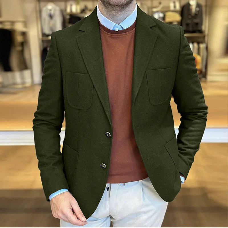 Men's loose retro cotton suit jacket shown in army green, with sizes from S to XXXL available.