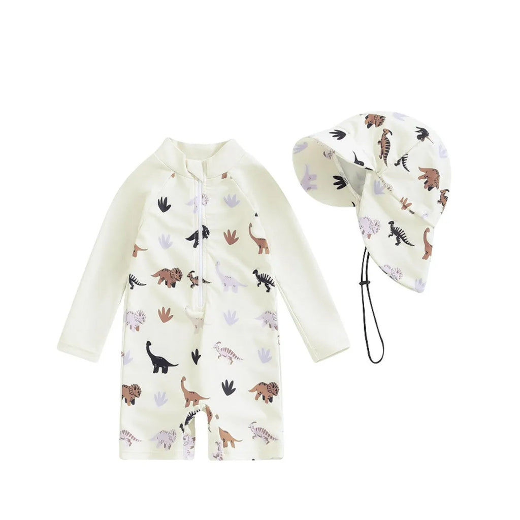 Hat one-piece long sleeves children's swimsuit for girls in slabstone gray, polyester fabric, brief style with long sleeves