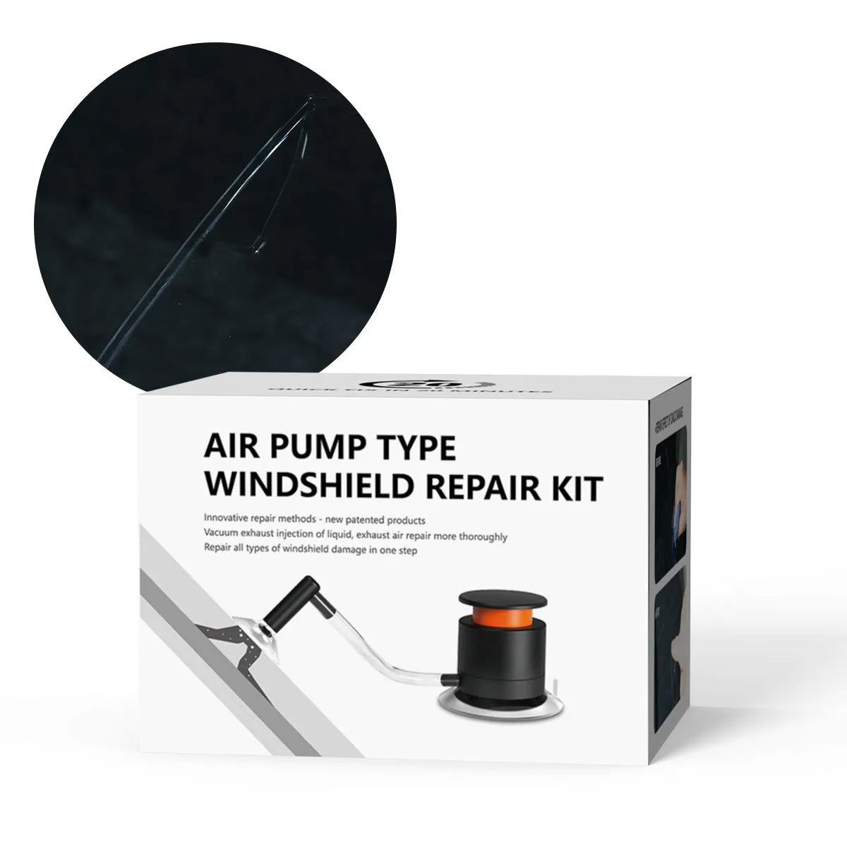 Car windscreen crack repair tool kit with plastic glass corrector for DIY point and crack repairs.