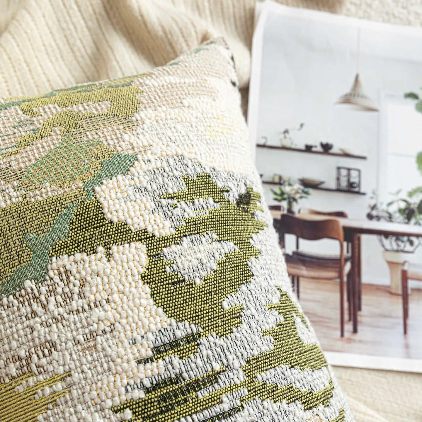 Antique green feather velvet pillowcase with abstract floral embroidery, shown in 50x50cm square size.