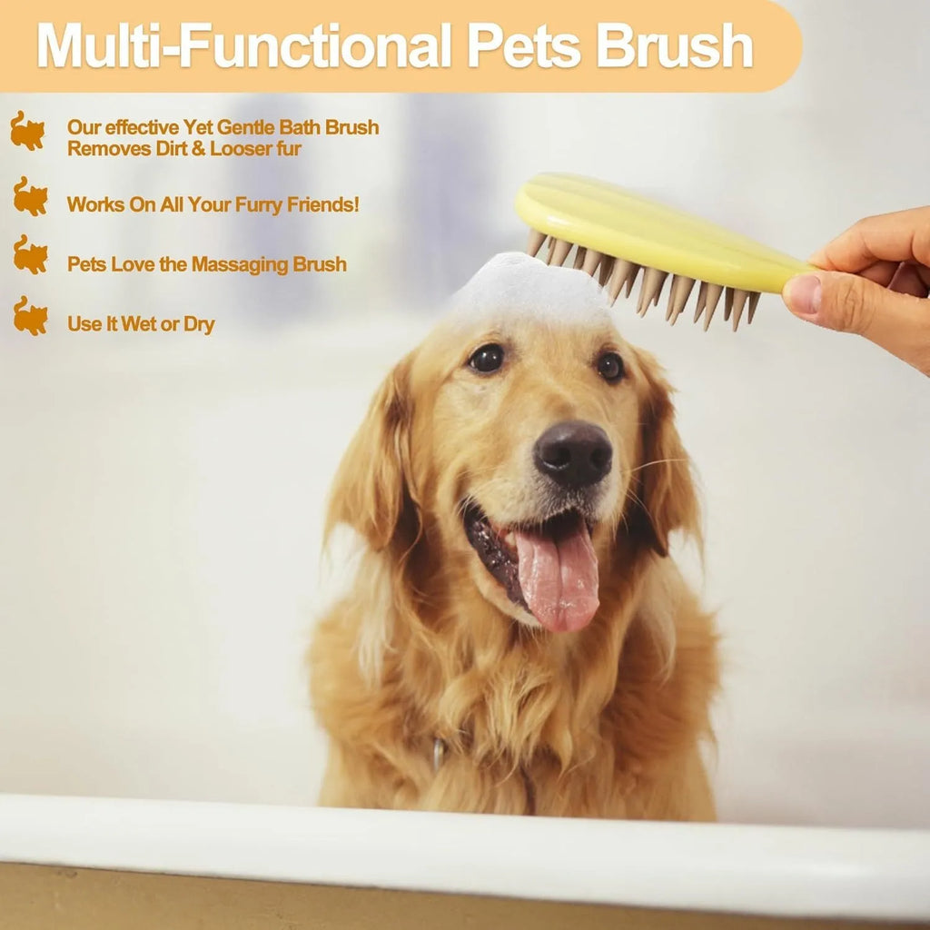 Purple pet silicone shampoo brush with handle on a wet dog coat, designed for gentle bathing and hair removal