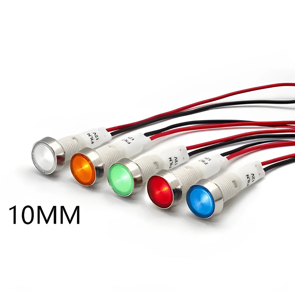 10mm stainless steel edge plastic indicator light with wire in multiple colours