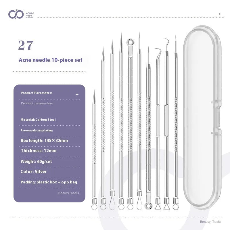Four silver metal acne needles with ultra-fine pointed tips for skincare extraction.