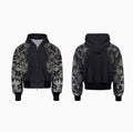 Women's three-piece polyester trousers set with hoodie in loose streetwear style featuring collage stitching