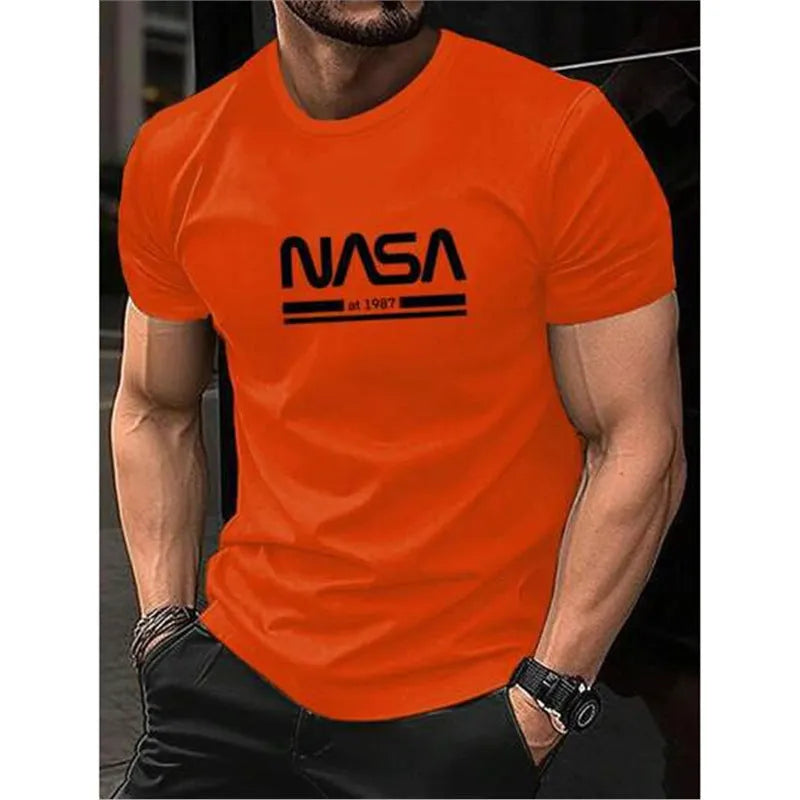 Slim-fit men's short sleeve cotton t-shirt on a hanger, available in multiple solid colours.