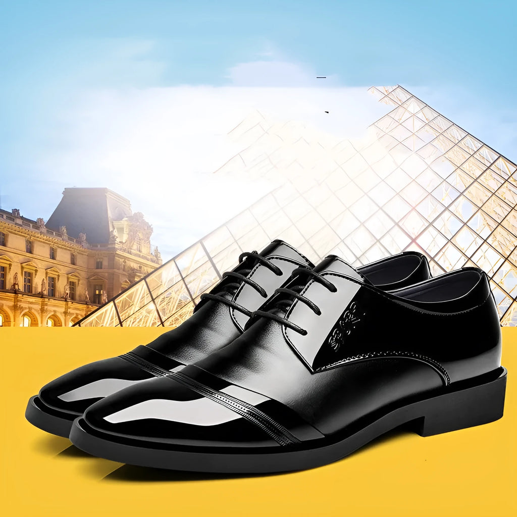 Men's casual Korean pointed PU leather shoes with stitching detail and rubber sole