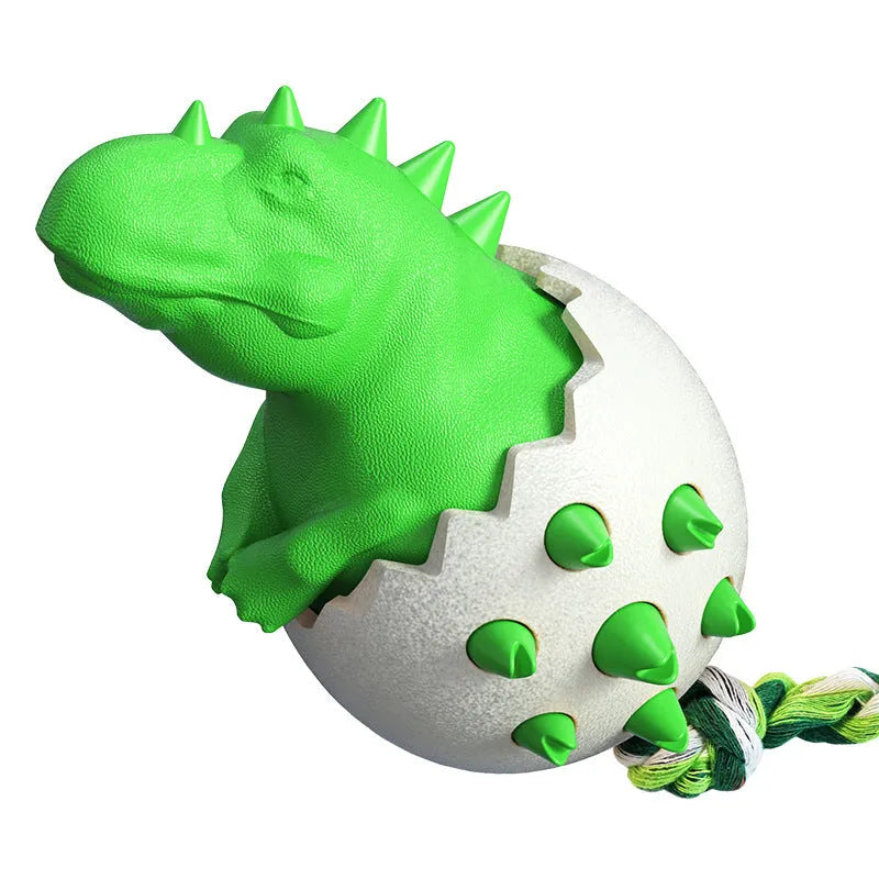 Blue dinosaur dog chew toy with rope tug element for aggressive chewers