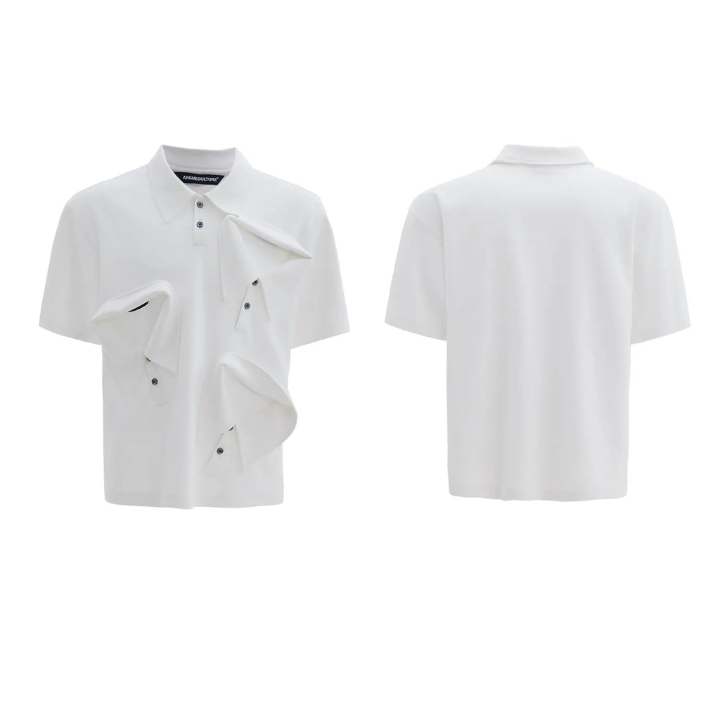 Men's deconstructed collar polo shirt with geometric giant land turtle pattern in short sleeve design