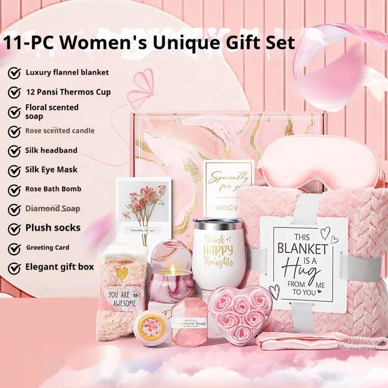 White plastic aromatherapy bath gift set box with candles and soap, measuring 27x23x13cm.