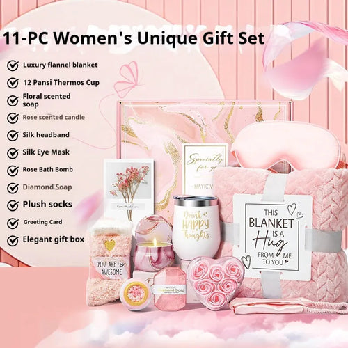 White plastic aromatherapy bath gift set box with candles and soap, measuring 27x23x13cm.