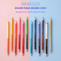 Set of wooden double-tipped colour pencils showing both the coloured lead end and the brush tip end.