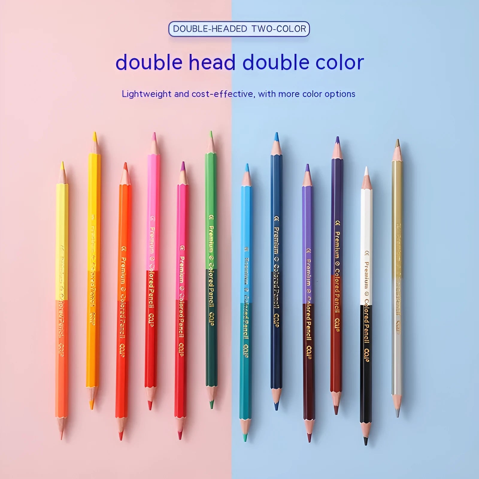 Set of wooden double-tipped colour pencils showing both the coloured lead end and the brush tip end.