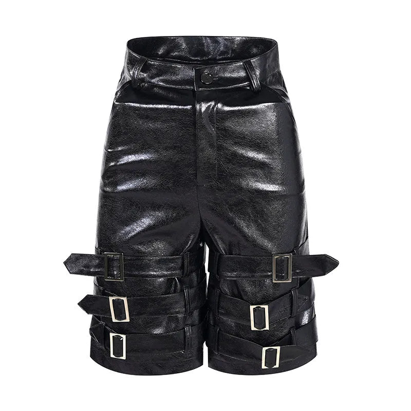 Men's black PU leather casual shorts with cropped length and mid-low waist.