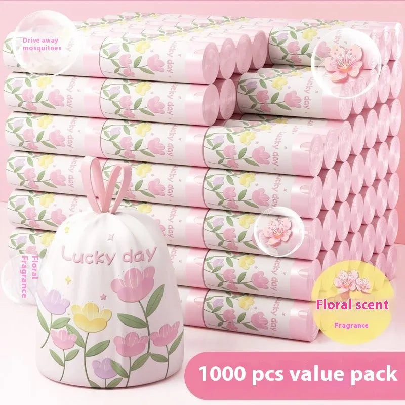 Pink degradable garbage bags with argy wormwood mosquito repellent, bold drawstring, 44x48cm