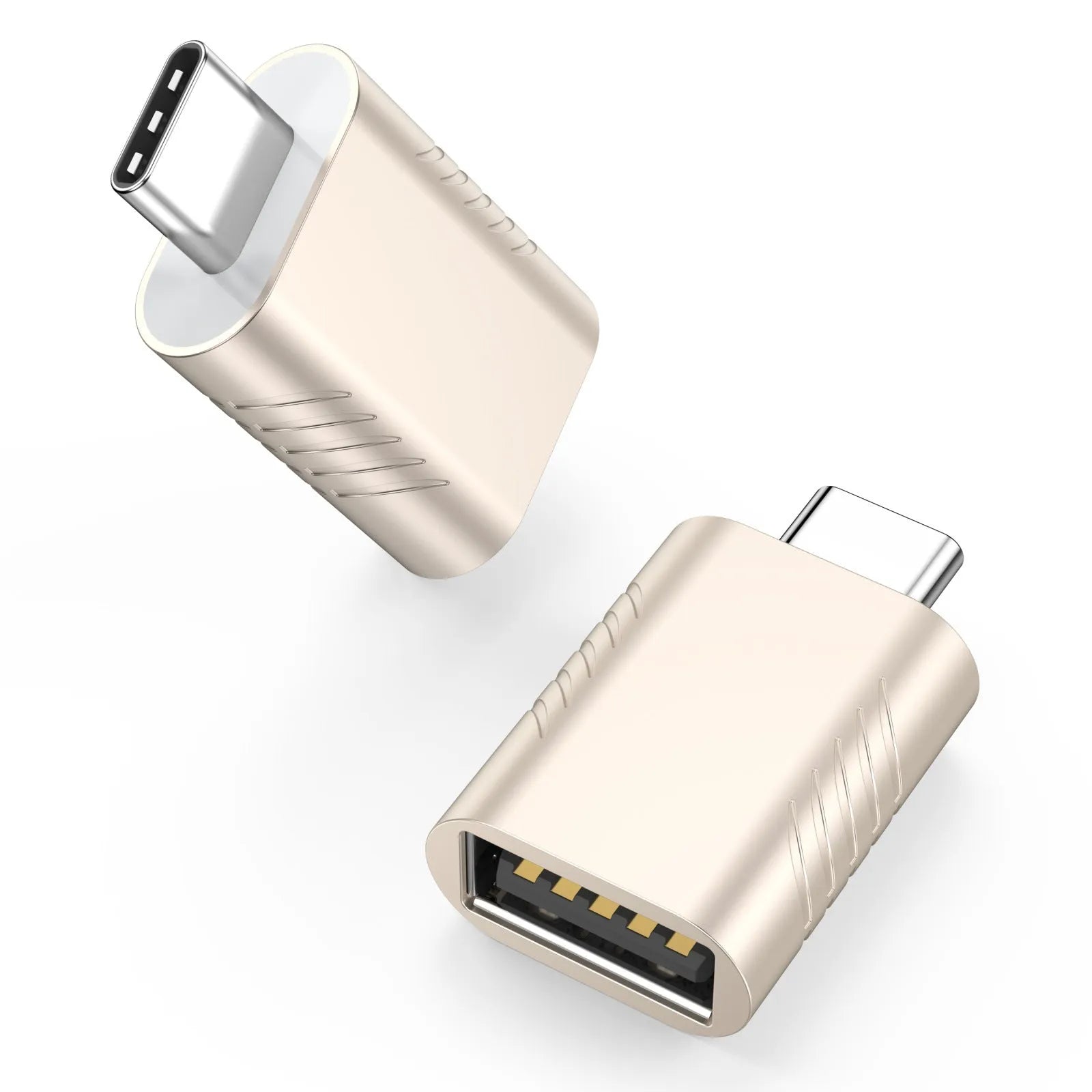 Zinc alloy USB data and charging converter adapter in champagne gold colour on a white background.