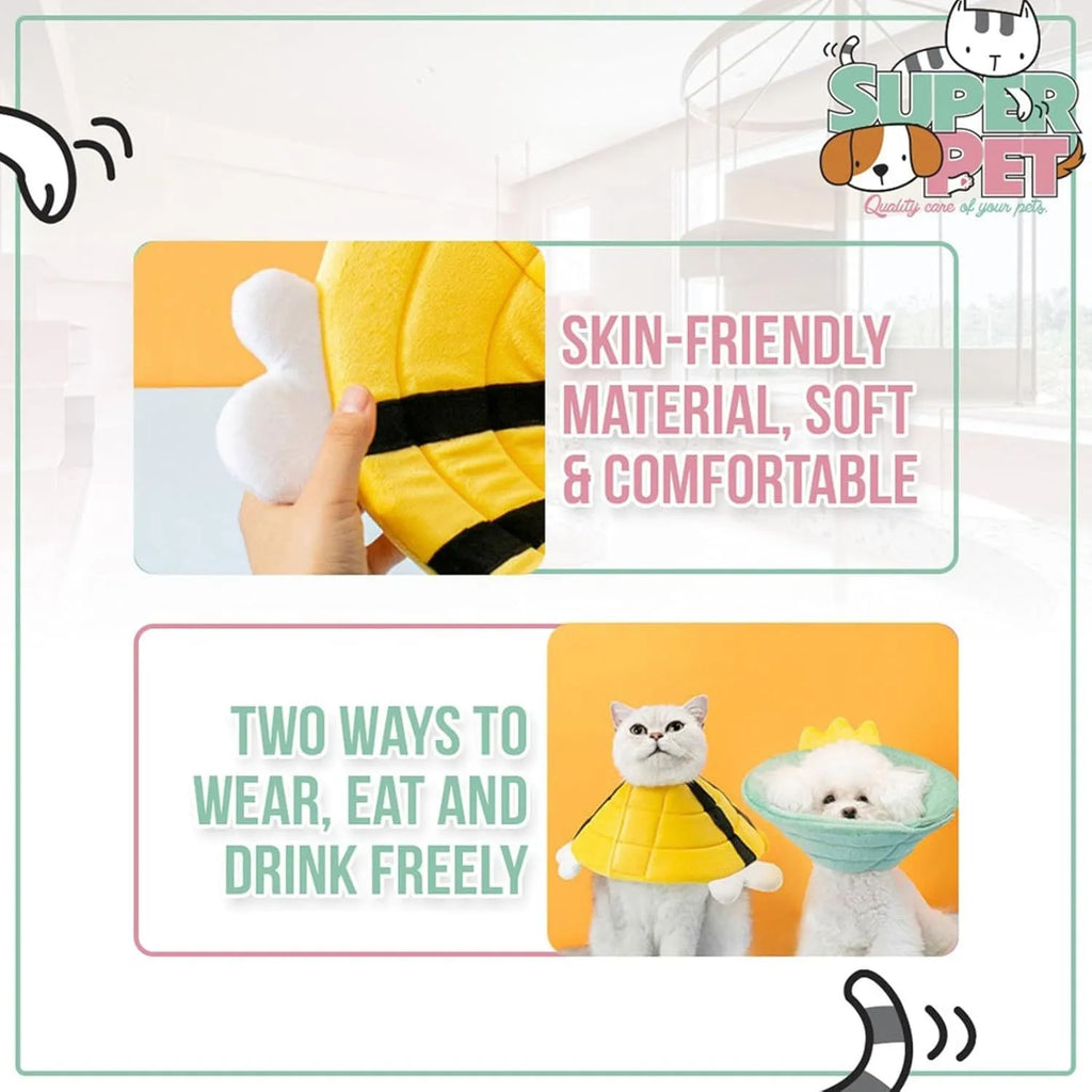 Soft cat cone collar with black and yellow bee design and Velcro strap.