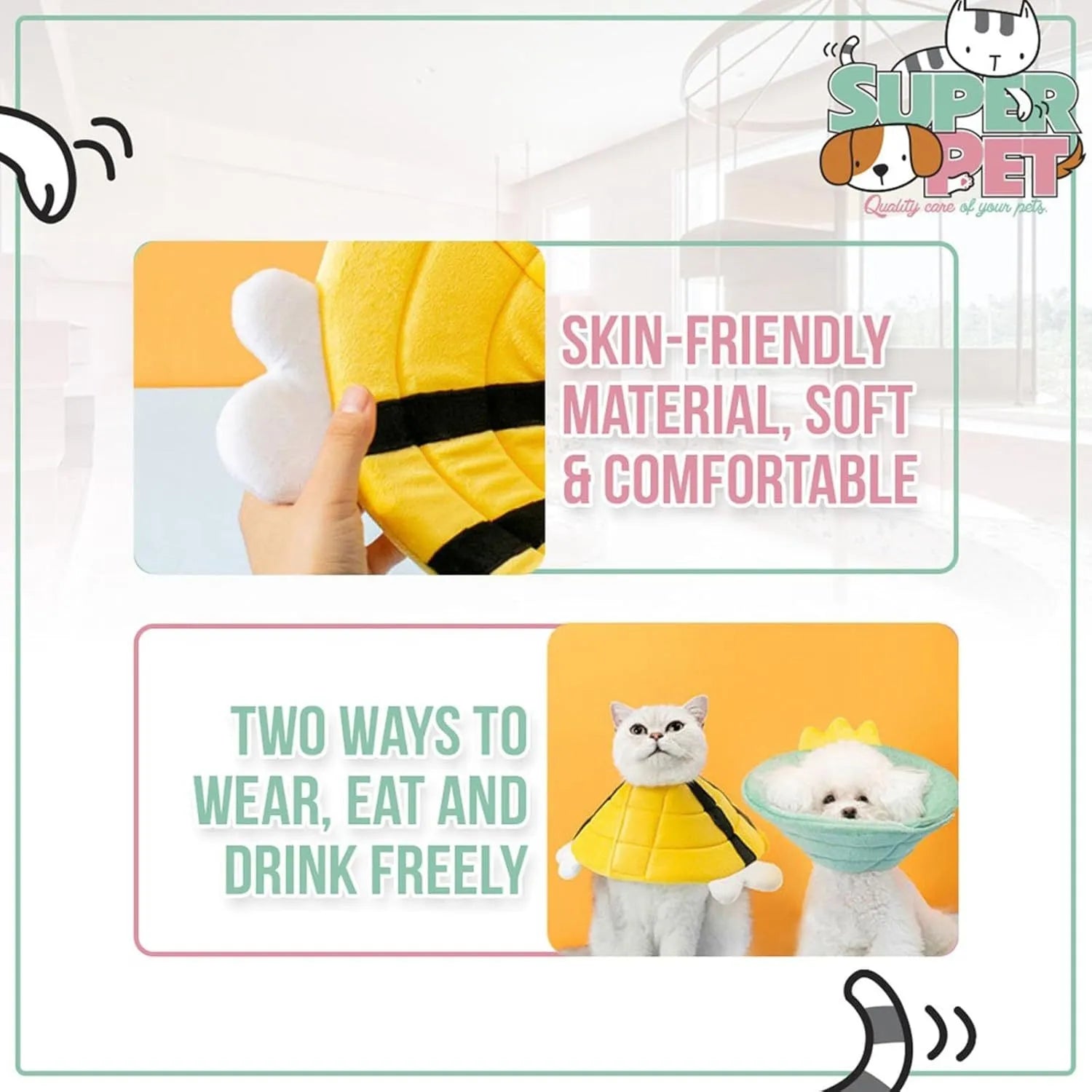 Soft cat cone collar with black and yellow bee design and Velcro strap.