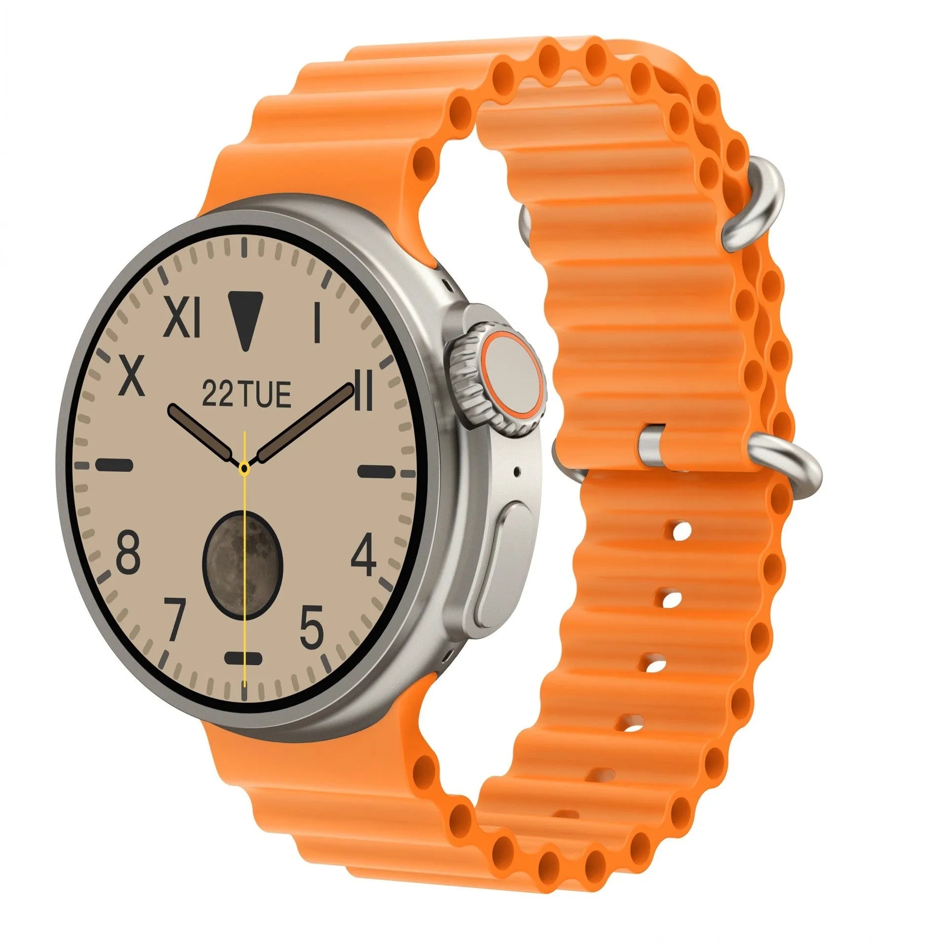 K9 smart watch with round screen on silicone strap, showing NFC and health tracking interface