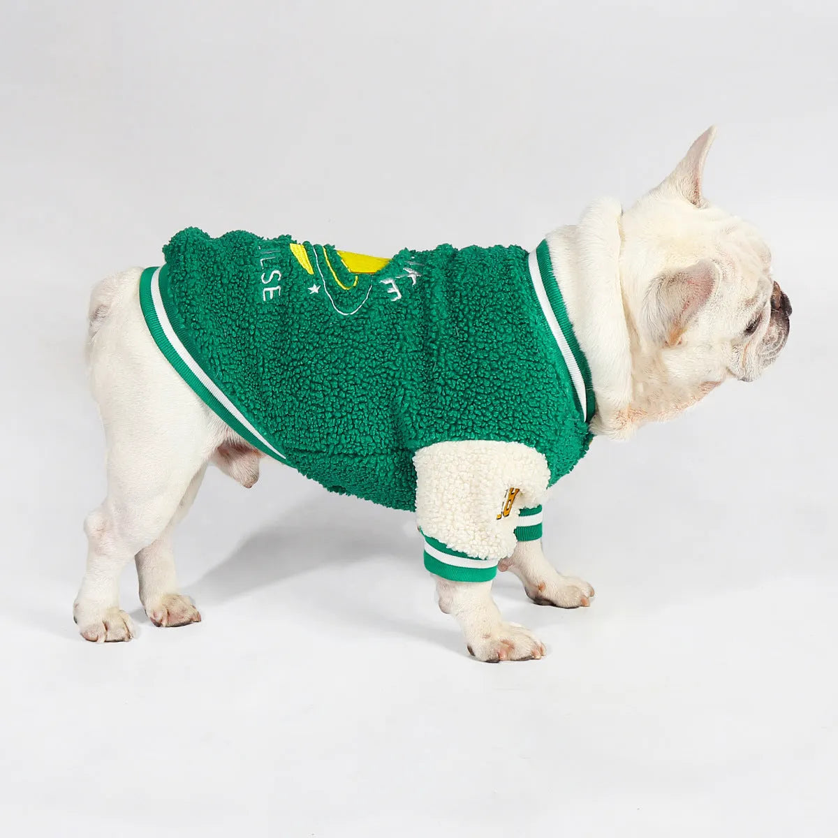Green fleece-lined cotton dog winter clothing shown in larger size for cold weather walks