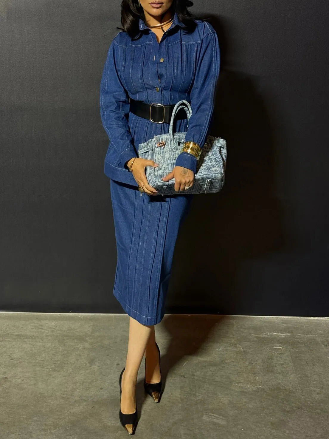 Blue denim corset style shirt dress with patchwork design and statement buttons