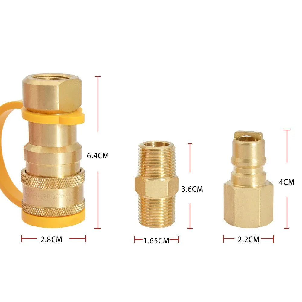 Solid brass propane gas tank charging connector with 3/8 inch US standard threads.