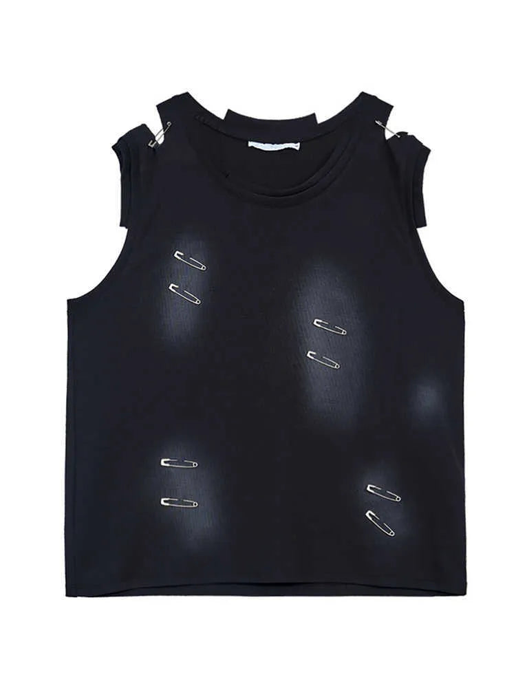 Men's black sleeveless waistcoat vest with ripped irregular cutting details and round neck collar
