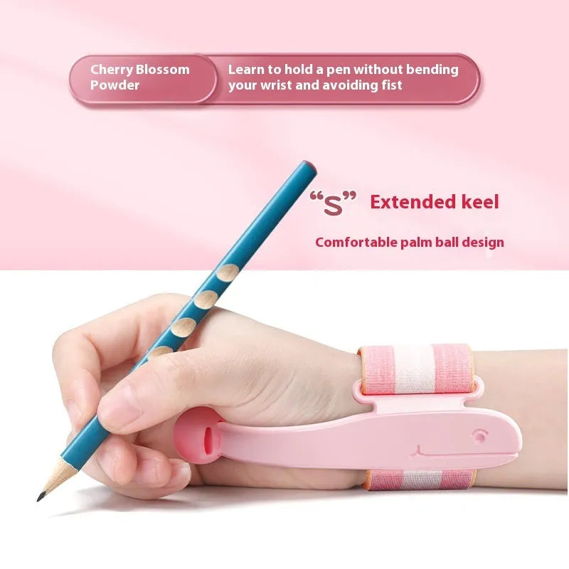 Blue Anti-hook Holder Pen Control Corrector wrist brace on a hand holding a pencil.