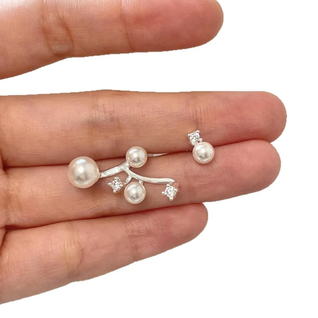 S925 sterling silver starry pearl asymmetric stud earrings handcrafted in white colour for women