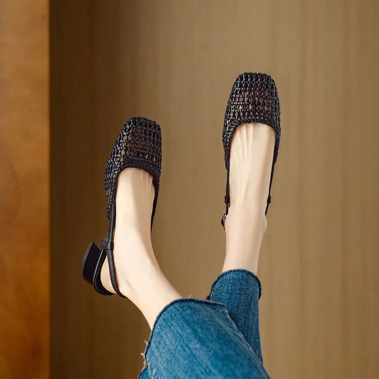 Women's woven hollow-out closed toe sandals with chunky heel and adjustable buckle in black