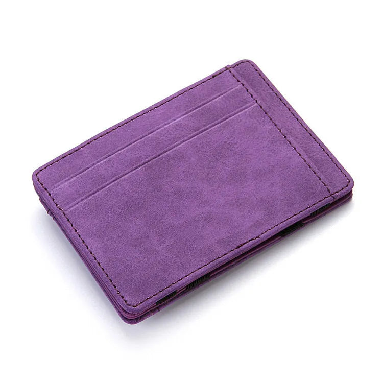 PU creative magic wallet showing flip card holder and zipper coin purse in solid colour with sewing line detailing