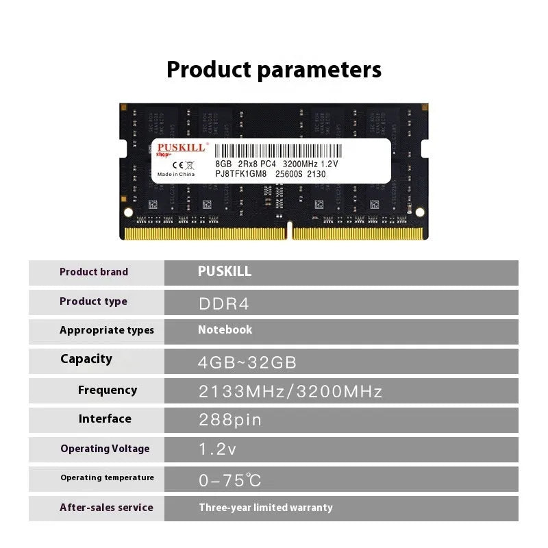 Notebook DDR4 memory module with 260 gold pins and memory chips on green circuit board