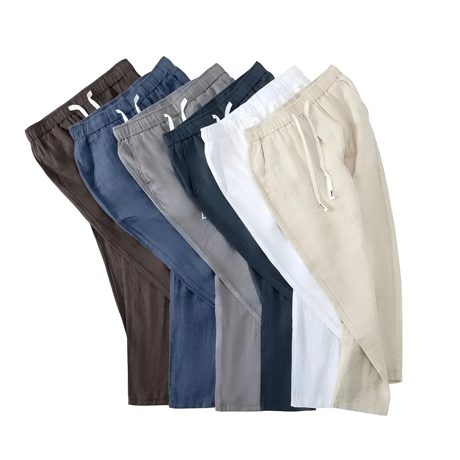 Linen drawstring trousers in straight leg cut showing apricot colour option