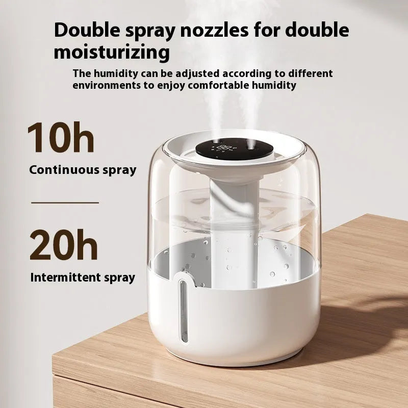 Beige round large capacity USB humidifier with dual spray nozzles and digital display