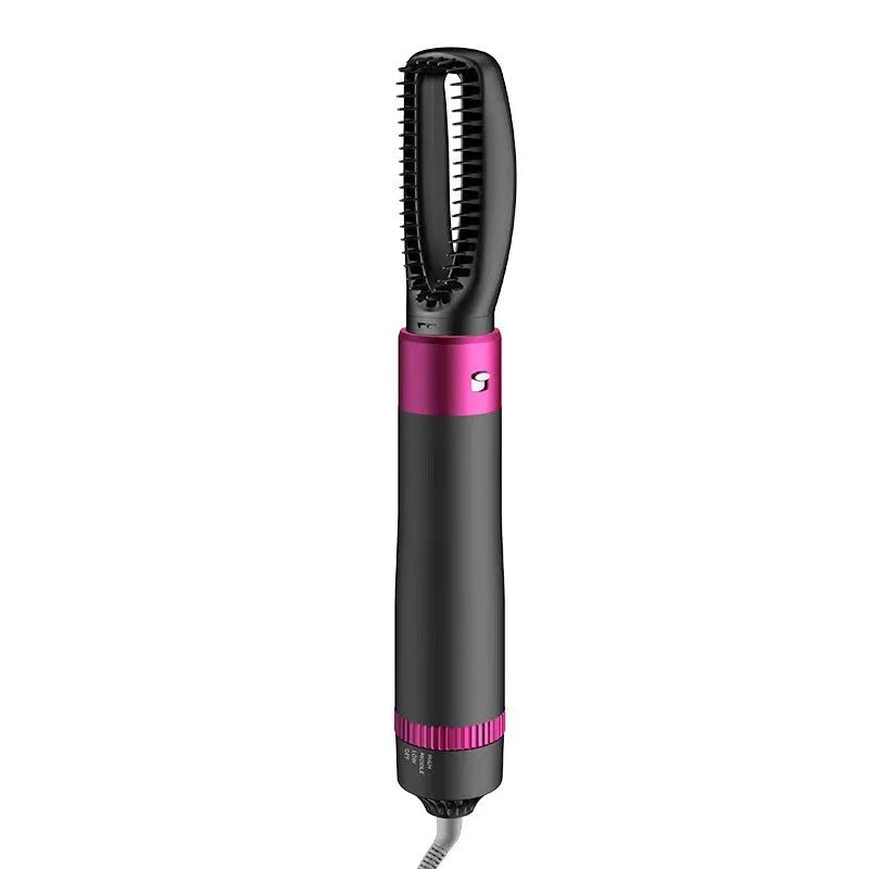 Dyson grey 5 in 1 hair dryer brush styling tool with multiple brush attachments on a white background.