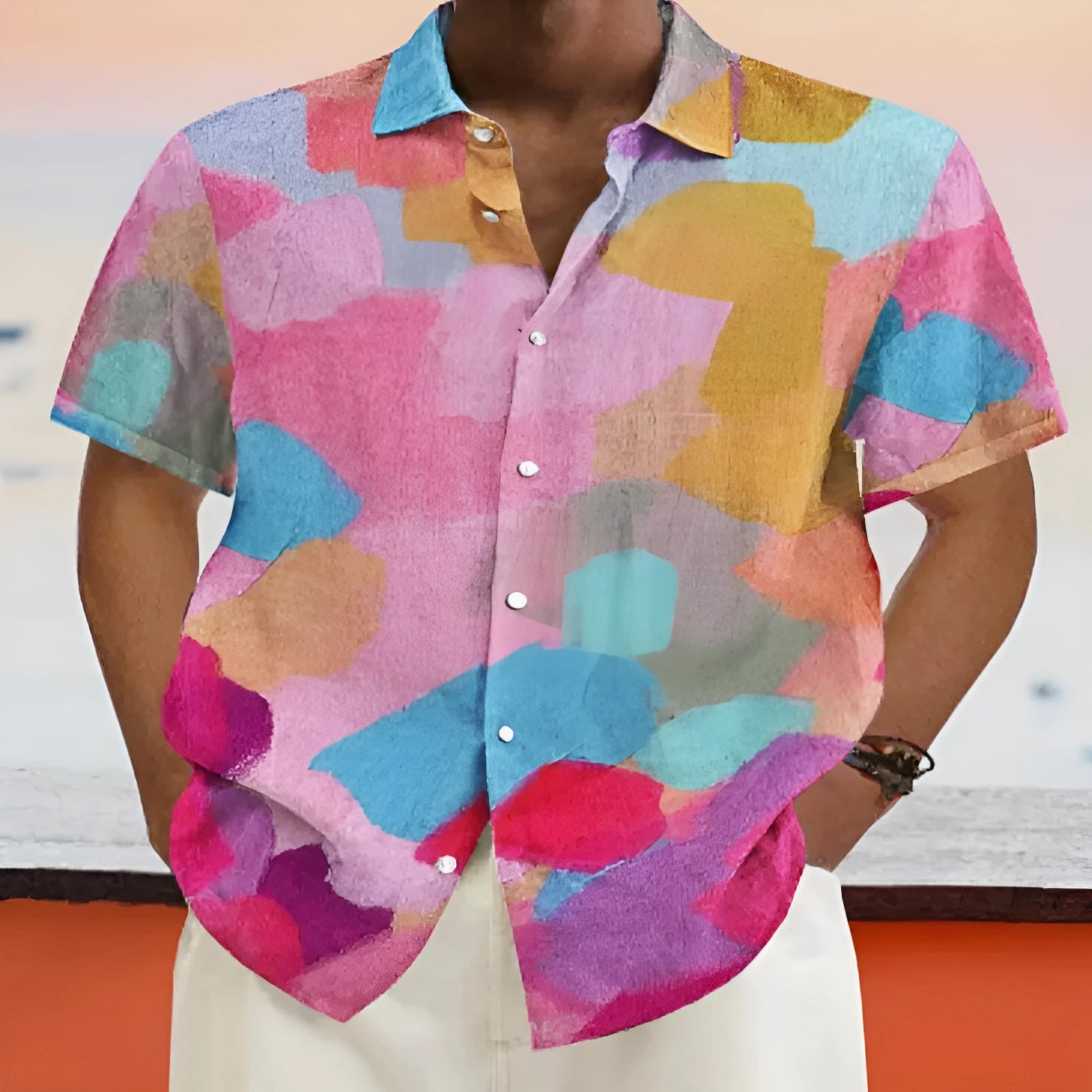 Hawaiian style stand collar short sleeve cardigan with 3D printing graphic design