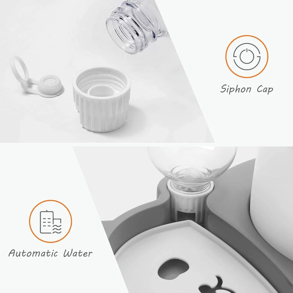 Grey panda-shaped automatic raised pet bowl set with tilted stainless steel bowls and water bottle