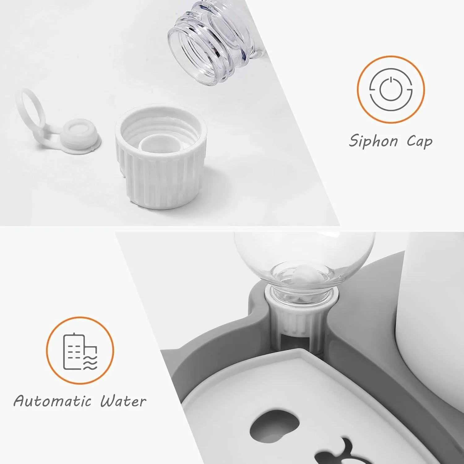 Grey panda-shaped automatic raised pet bowl set with tilted stainless steel bowls and water bottle