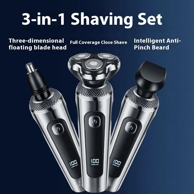 Digital display USB rechargeable beard scraper with washable floating cutter head on five-in-one base.