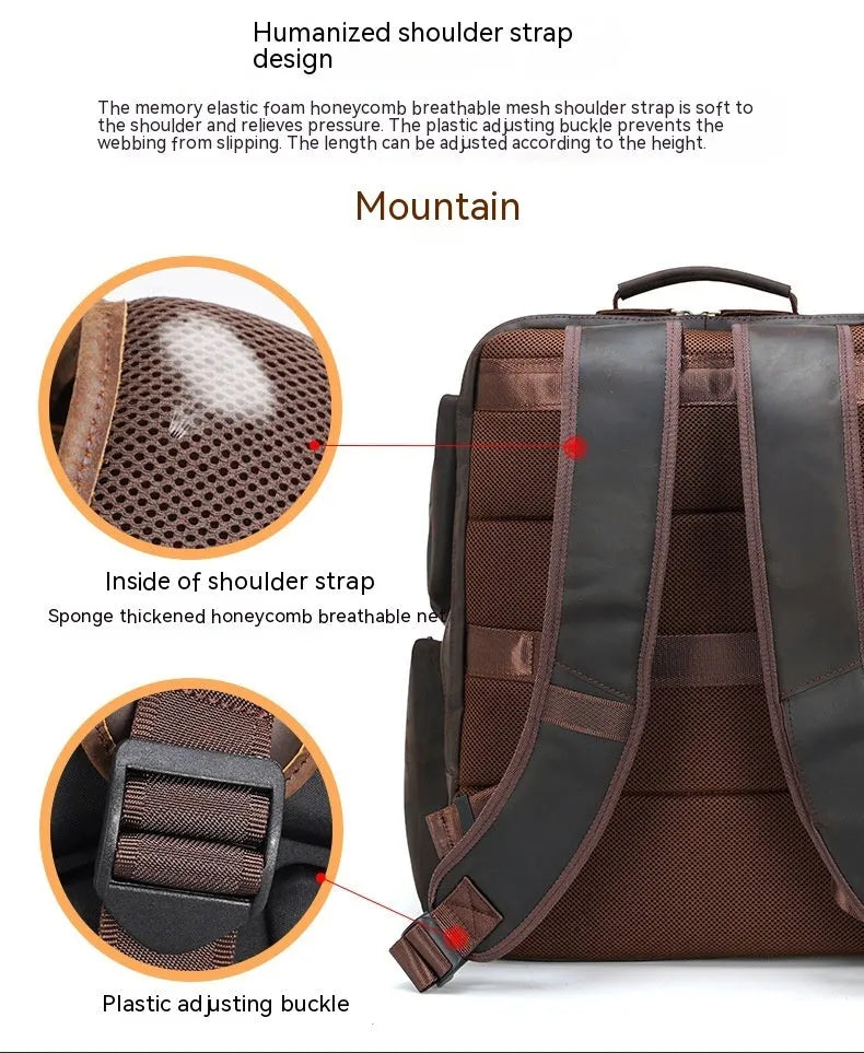Dark brown leather backpack with 17-inch laptop compartment and multiple internal pockets
