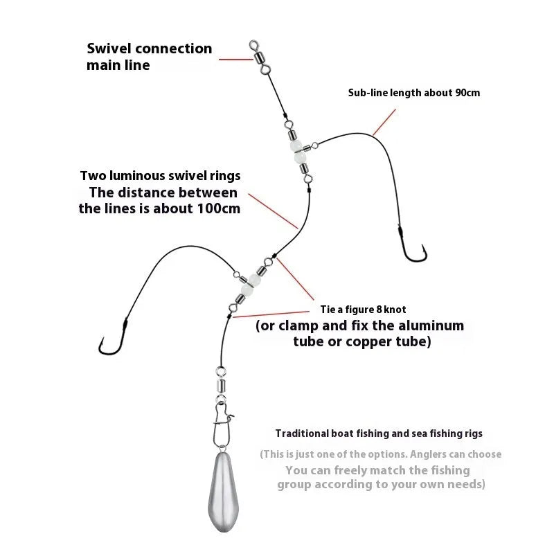 Copper fishing lure accessories showing luminous T-type balance fork with three-fork swivel beads and eight connection rings