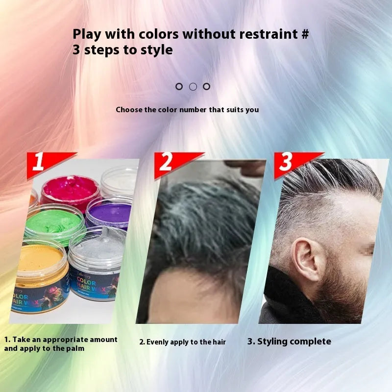 120g hair styling clay available in nine colours including white, blue, green, purple, and granny grey