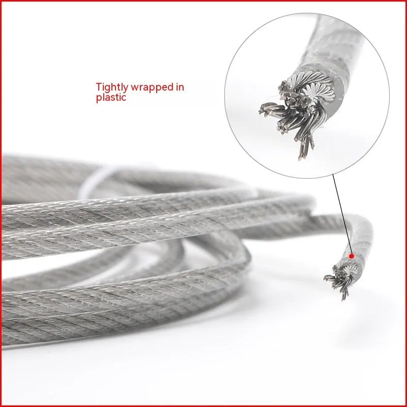Close-up of a coated stainless steel anti-theft security cable showing its multi-strand construction.