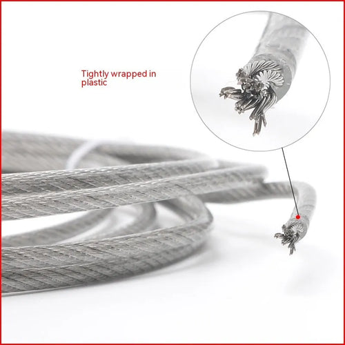 Close-up of a coated stainless steel anti-theft security cable showing its multi-strand construction.