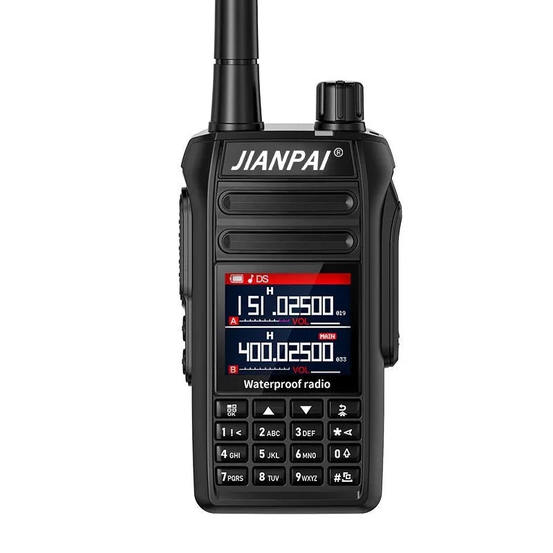 Black Interphone waterproof aviation full band motorcycle communication headset with antenna and accessories.