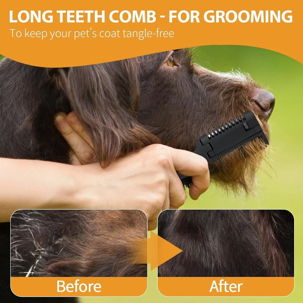 Razor comb for dogs and cats showing comb teeth and trimming blade, with pack of 10 spare blades.