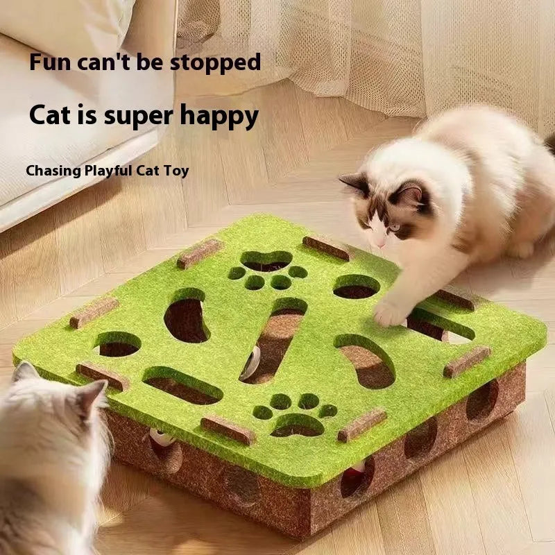 Square wool felt cat toy box with multiple cut-out holes in green brown colour