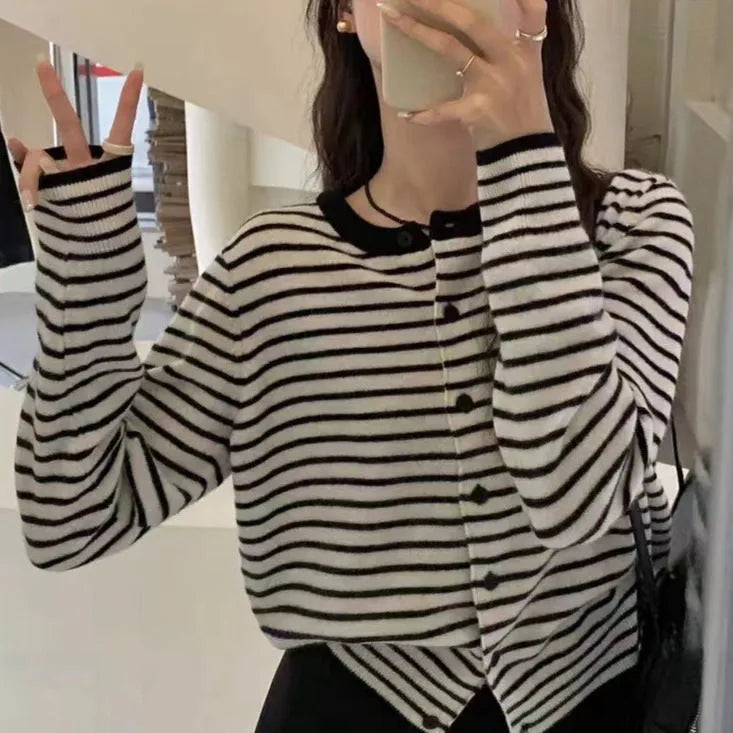 Women's dark grey and white striped French style cardigan coat with slim fit and 40cm length