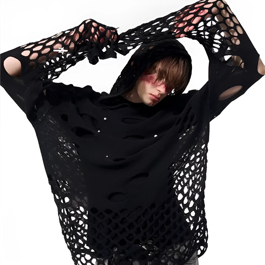 Black men's hooded sweater with pearl decoration and loose fit for spring