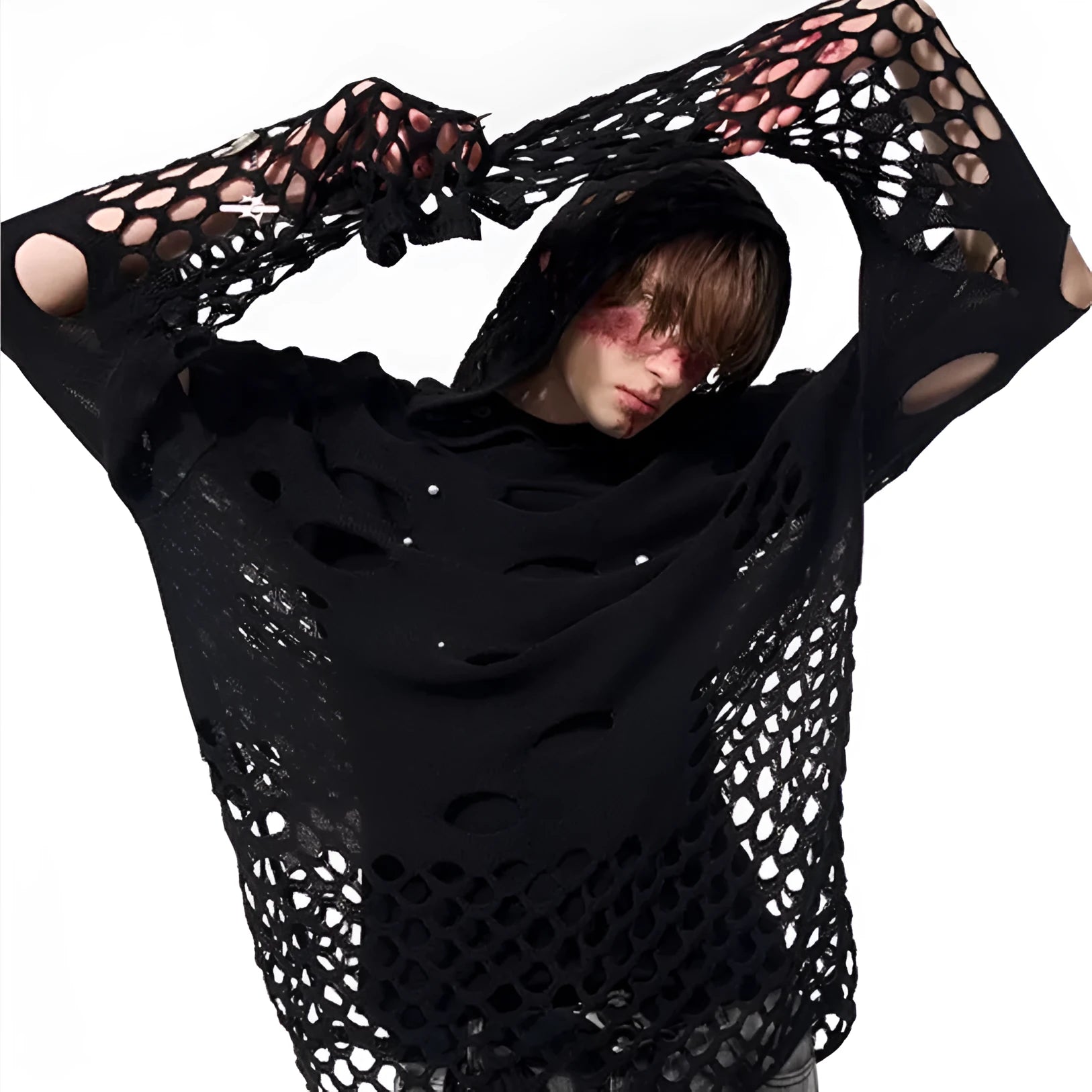 Black men's hooded sweater with pearl decoration and loose fit for spring